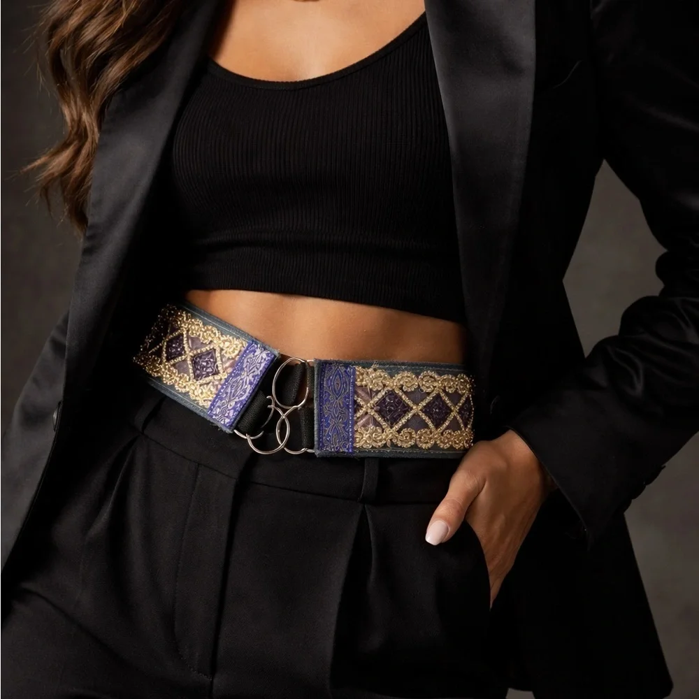 Artisan Denim Belt Handmade OOAK Boho Gold & Purple Sequin 3’ Wide Signed 30-36